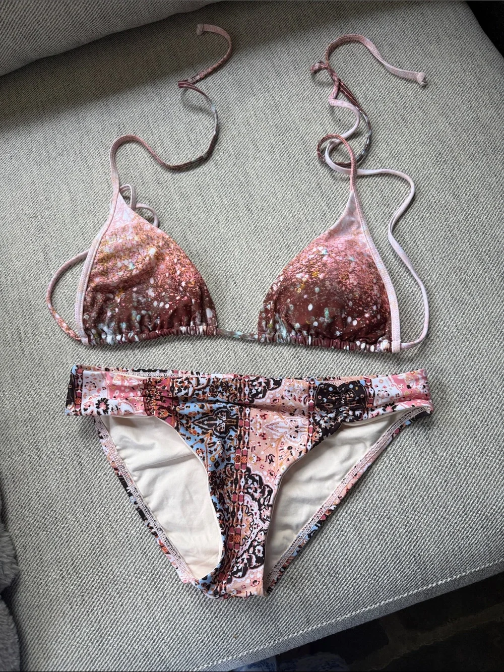 l*space Pink Shimmer Triangle Bikini Set with Patterned Bottoms